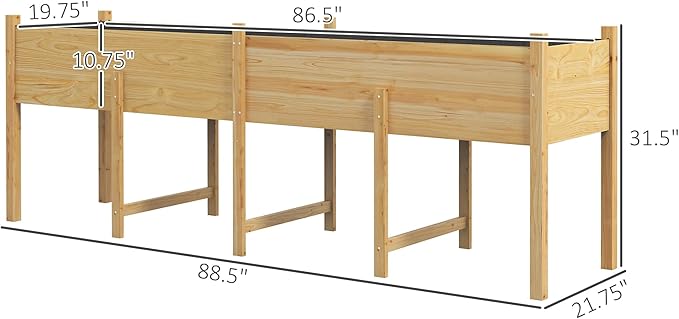Outsunny Wooden Raised Garden Bed with Legs, Large Elevated Planter Box with Bed Liner and Drain Holes for Vegetables Flowers Herbs, Outdoor and Indoor, 7.4' x 1.8' x 2.6', Natural Wood