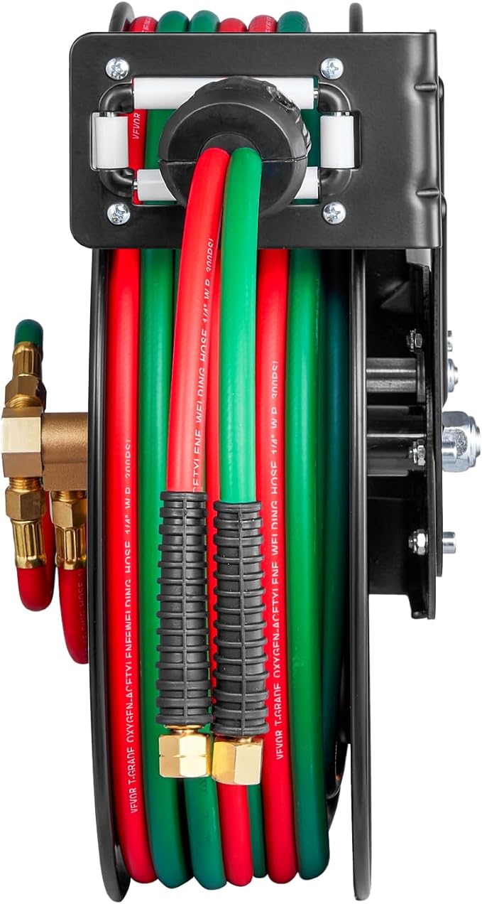 VEVOR Retractable Welding Hose Reel, 1/4-Inch x 50FT Twin Oxygen Acetylene Rubber Hose Max 300PSI - R Grade, Ceiling/Wall Mount Heavy Duty Steel Hose Reel Auto-Rewind, Ideal for Workshops Garages
