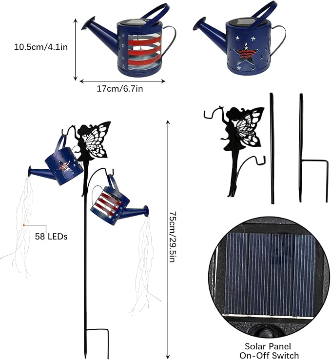 DDQ 2PC Solar Watering Can Lights with Angel Shepherd Hook, Color 58 LED IP65 Waterproof Metal Garden Decor, Auto On/Off for Patio Backyard for 4th of July Decor