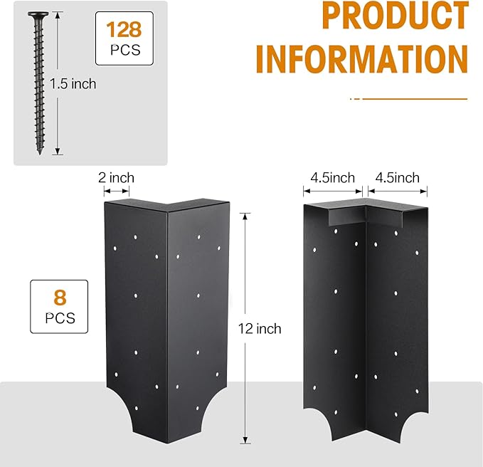 Therwen 8 Set Raised Garden Bed Corner Brackets with 128 Screws, Fit Lumber up to 2 Inch x 12 Inch, Metal Planter Box Rust Resistant Raised Bed Brackets for Vegetable Garden(Black)