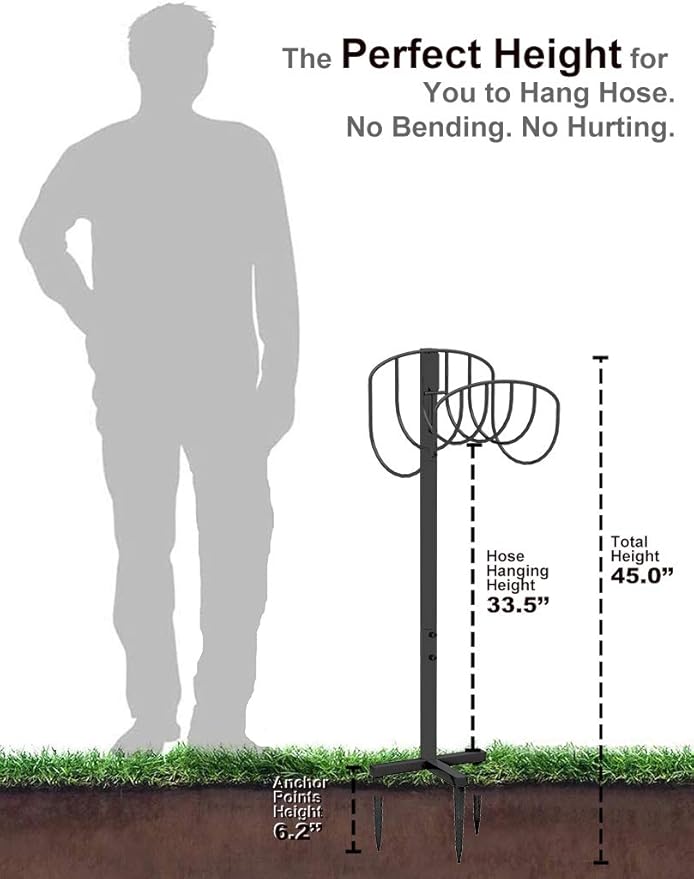 Freestanding Garden Hose Holder Hanger, Outdoor Heavy Duty Metal Water Hose Storage Holders Stand Organizer Rack Detachable Stake, Holds 150 Ft of Hoses for Outside Lawn Yard, Black