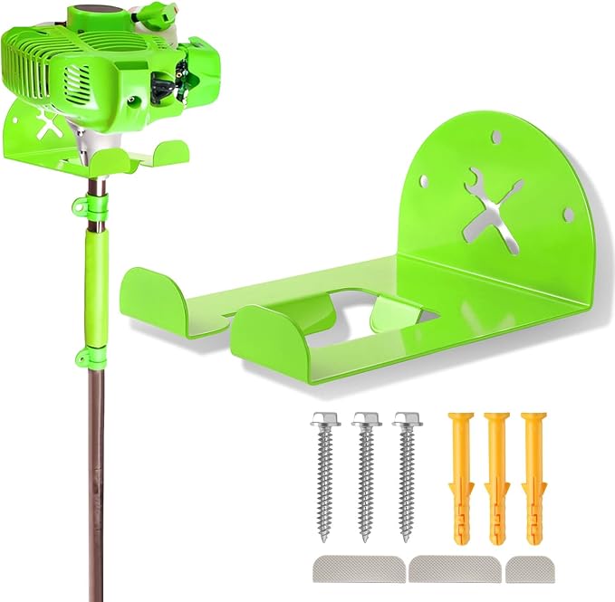 Upgraded Trimmer Rack Wall Mount - 8" Heavy Duty Weed Eater Hanger for Garage Wall, Garden Power Tool Holder Organizer Hooks for Grass Trimmer, Hedge Trimmer, Leaf Blower and Chainsaw, Green, 1 Pack