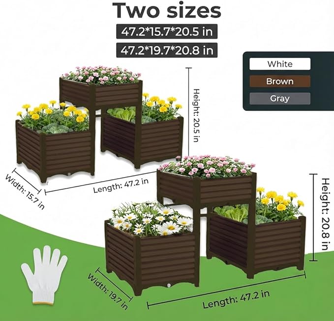 3PCS Raised Garden Beds Outdoor with Legs Planter Box, 47x16x21in Reinforced Support Rods, Drainage Grid, Multi-Combination Options for Vegetables, Flowers, Herbs, Ideal for Balcony, Patio Gardening