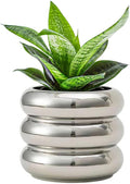 Ceramic Plant Pot Indoor, 4.5 Inch Flower Pot with Drainage Hole, Small Bubble Design Ceramic Planter for Home & Office Decor (Silver)