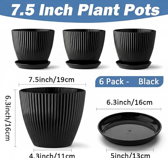 RooTrimmer 7.5 Inch Black Thickened Plastic Plant Pots with Saucers, 6-Pack Modern Seedling Planters for Indoor Outdoor Plants, Durable Heavy-Duty PP Material for Herbs Flowers Vegetables (＜8 inch)