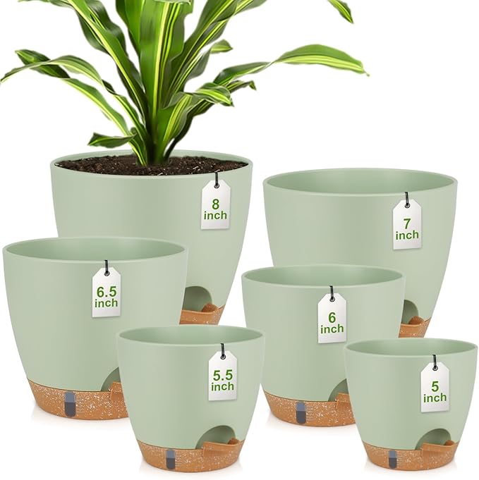 QRRICA Plant Pots 8/7/6.5/6/5.5/5 Inch Self Watering Pots, with Drainage Holes and Saucers,Water Level Indicator & Deep Reservoir,Large Plastic Planter for Indoor Out Door Plants (Green)