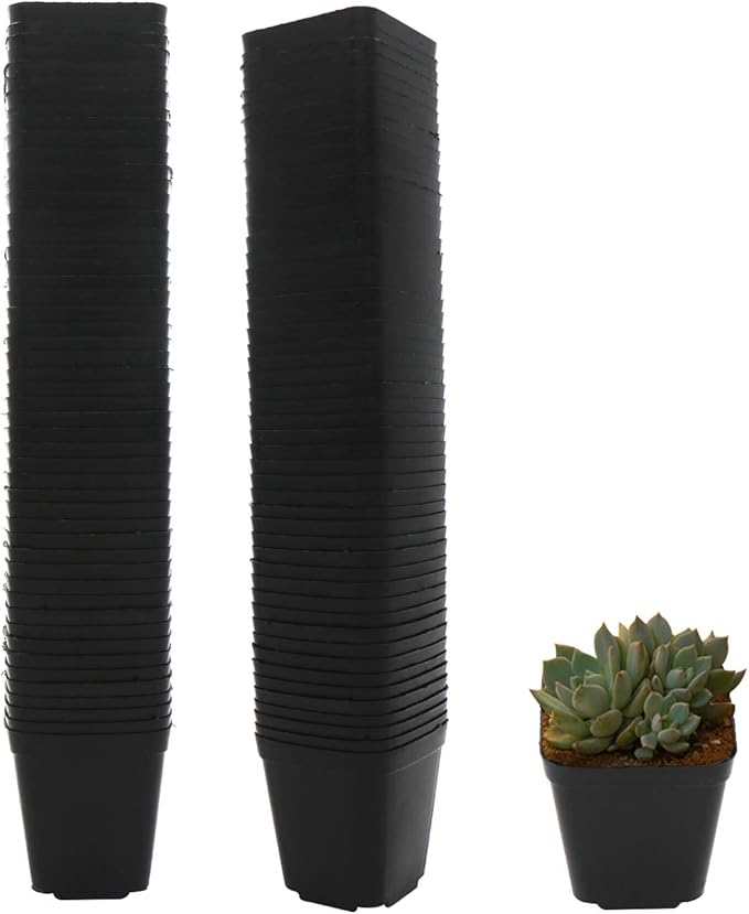 Plastic Plant Pots 100 Pack Square Nursery Pots 2.2 Inch Sturdy & Reusable Starter Container for Plants Starting Seedlings or Succulents, Black