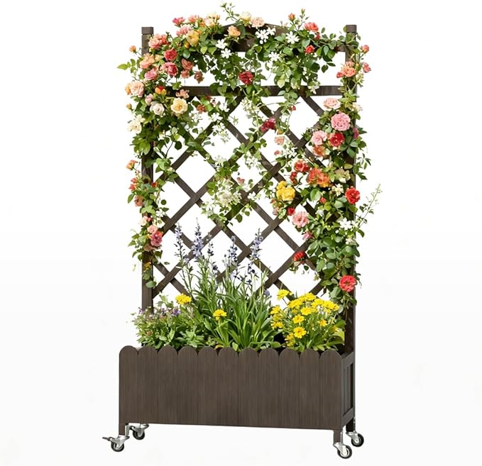 COMHOMA Raised Garden Bed with Trellis and Wheels,48Inch Elevated Planter Box with Drainage Holes,Lattice Privacy Screen for Climbing Plants Vegetables,Outdoor for Patio Balcony Yard,Brown