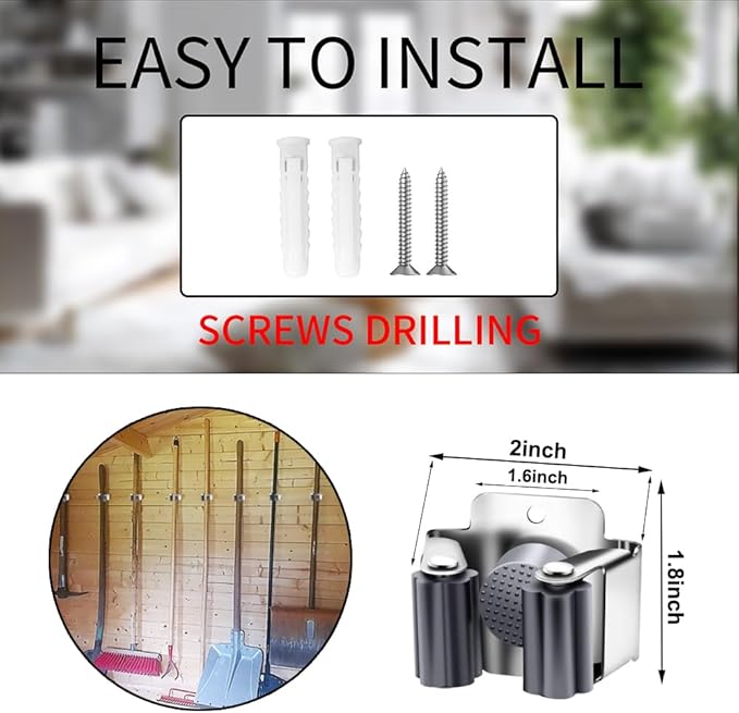 AKOAK Broom and Mop Rack Holder, Wall Storage Organizer, Screw Mount, Garden Tool Organizer Stainless Steel Mop Rack, Home, Kitchen, Bathroom, Garden, Garage Storage (4 PCS, Silver)