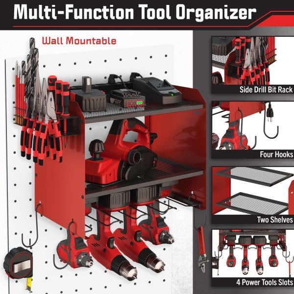 Power Tool Organizer Wall Mount with Charging Station - 4 Drill Holder with 8 Outlet Power Strip - Garage Organizer Tool Storage Rack by Stalwart