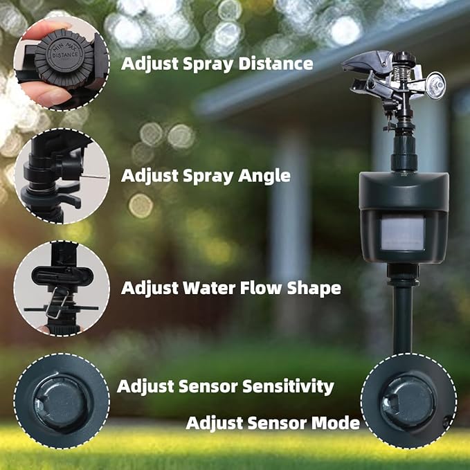 [2025 Upgraded] Yardeen Motion Sensor Sprinkler with Adjustable Head, Water Spray for Lawn and Garden. Day and Night Mode can be Selected