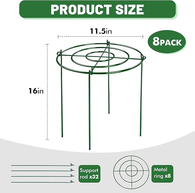8 Pack Peony Cages Set 11.5" Dx16 H Peony Cages and Supports Heavy Duty Metal Plants Support Cage for Outdoor Green Support Rings for Flower Strawberry Tomato Hydrangeas