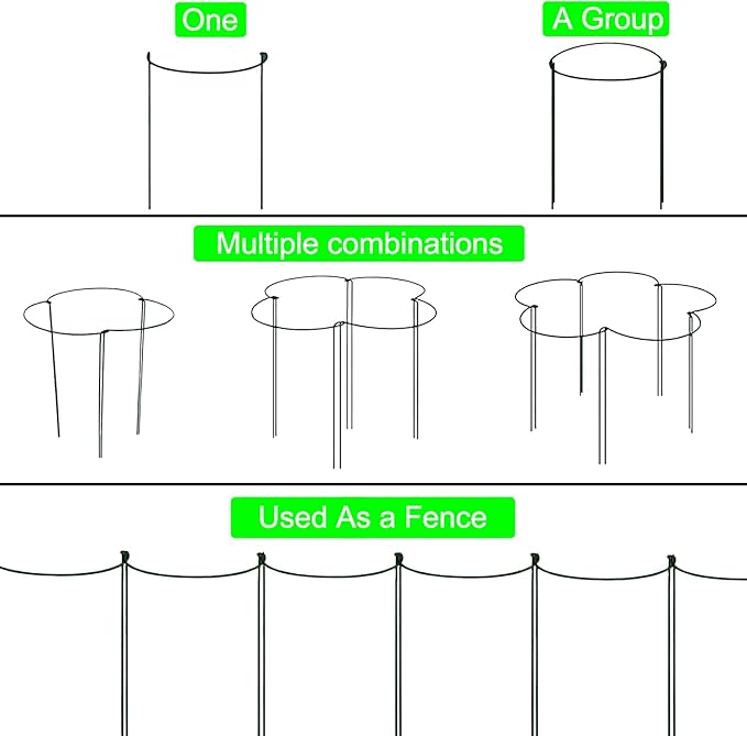 8 Pack Half Round Plant Support Stakes, Green Metal Garden Plant Supports, 9.8”W x15.7”H Plant Support Rings with 20 Pcs Plant Clips for Indoor Outdoor Plants