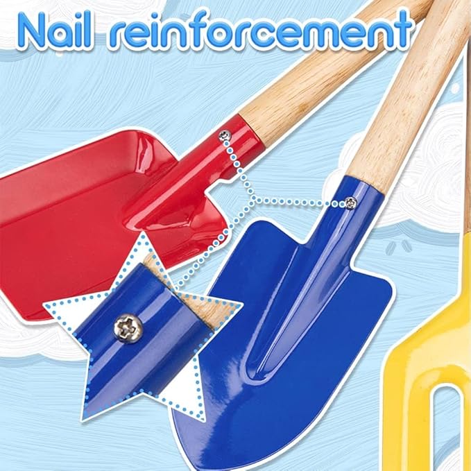 Beach Toys for Kids, 6Pcs 8'' Kids Gardening Tools Sand Toys Set, Metal Garden Tools with Sturdy Wooden Handle, Cylinder, Spoon, Fork, Rake, Flat & Pointed Shovel, Gifts for Children