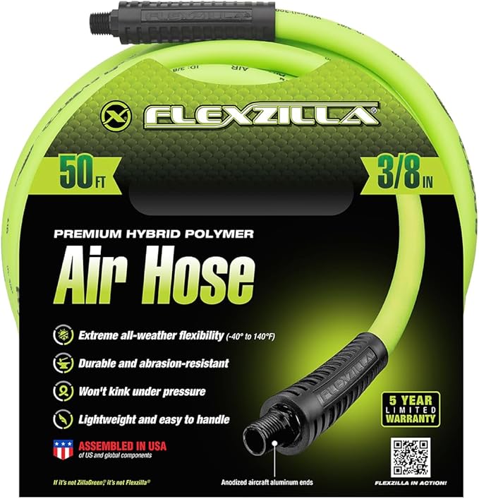 Flexzilla Air Hose, 3/8 in. x 50 ft., 1/4 in. MNPT Fittings, Heavy Duty, Lightweight, Hybrid, ZillaGreen - HFZ3850YW2