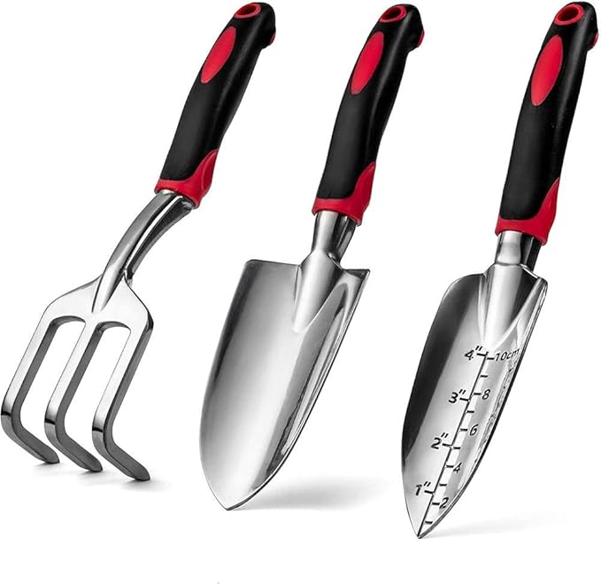 Y&Y Decor Garden Tool Set, 3 Piece Cast-Aluminum Heavy Duty Gardening Kit Includes Hand Trowel, Transplant Trowel and Cultivator Hand Rake with Soft Rubberized Non-Slip Ergonomic Handle, Garden Gifts
