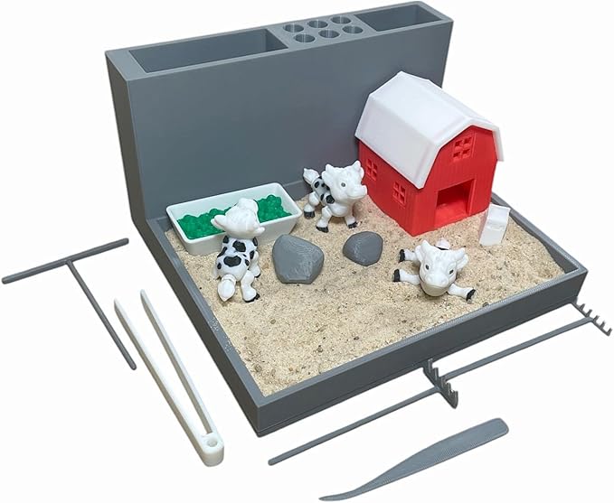 Yippeemaker - Cow Farm Zen Garden Desk Organizer Pencil Holder Sand Garden DIY Kit Gifts for Him Her Office Decor Fun Therapy Made in USA Sand Included
