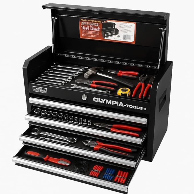 Olympia Tools 26-Inch 4-Drawer Portable Tool Chest, Metal Storage Organizer Box, Black - Work Toolbox for Home Garage and Workshop with Locking Lid and Ball Bearing Slides
