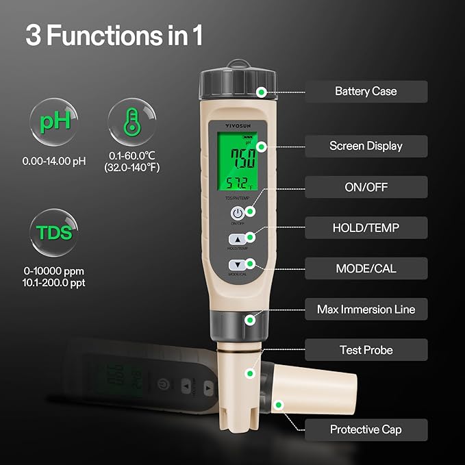 VIVOSUN 3-in-1 Digital pH Meter with ATC, ±0.1 pH Accuracy Water Quality Tester, 0-14.0 pH Measurement Range for Hydroponics, Household Drinking, Pool and Aquarium