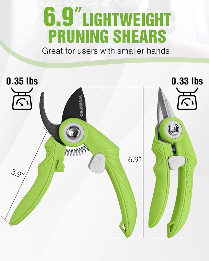 WORKPRO 2 Pack Garden Pruning Shears, 6.9" Bypass & Straight Shears, Premium Gardening Clippers for Flowers, Plants, and Fruit Trimming, Green