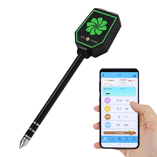 8-in-1 Soil Meter with Bluetooth, Measures pH, EC, Salt, Fertility, Moisture, Temperature, Humidity & Light, App Control, Data Logging, Accurate Gardening & Farming Tool