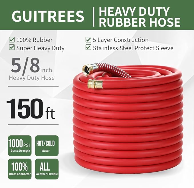 150FT 5/8 Heavy Duty Rubber Garden Hose - 300psi Working, 1000psi Burst - Hot/Cold Water - Five-Layered Braiding for Durability - Versatile for Gardening, Agriculture, Construction(Red)