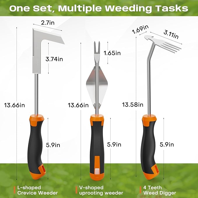 fishark Weed Puller Tool Set, 3 Pack Manual Weed Puller with Ergonomic Handle, Stainless Steel Crack Weeder and Uprooting Tool for Garden, Patio, Lawn, Driveway and Paving Stones