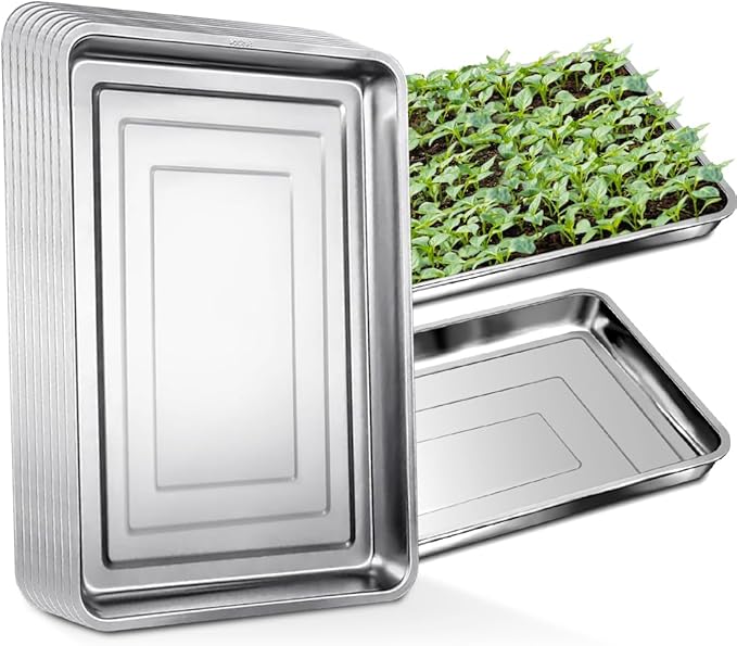 10 Pack Large Stainless Steel Seedling Trays, Heavy Duty Metal Water Catch Trays for Nursery Pots Transplant, Seed Germination & Propagation Flats (17.5 inch×13.56 inch, 1.18" Height)