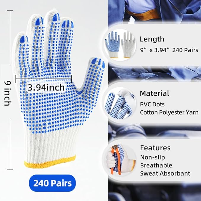 240 Pairs Cotton Work Gloves with Anti-slip Dots for Men Women, Breathable Cotton Knit Grip Gloves for Gardening Warehouse Construction Mechanic Industrial, One Size Bulk