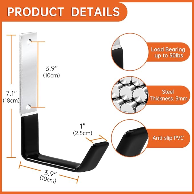 Heavy Duty Steel Garage Hooks,Garage Storage Utility Hooks,Anti-Slip Garage Hooks,Garage Garden Tool Organizer,Steel Wall Mount Hooks, Garden Hose Hanger, Black J Hooks (Large-6PC)