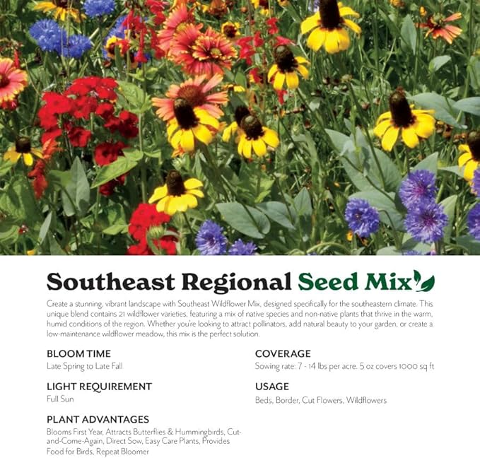 Grow Your Own Vibrant Annual and Perennial Wildflower Garden Seeds Mixture, Varieties for Pollinators and Spring Gardens - Southeast Regional Mix, 25 lbs