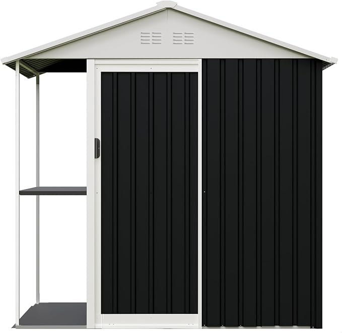 6'x4' Outdoor Storage Shed with External Rack and Shelves, Heavy Duty Metal 2-in-1 Garden Tool Buliding Shed with 1.3'x3.7' Open Side Storage Area for Bike, Lawn, Patio, Backyard