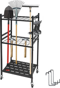 Garden Tool Organizer, 3-Tier Yard Tool Storage Rack with 35 Slots & 3 Hooks, Heavy Duty Garage Organizer for Shovels, Rakes & Brooms (33.6" x 11.5" x 17")
