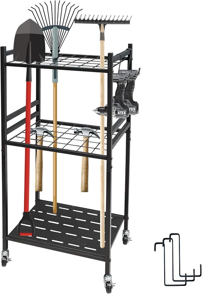 Garden Tool Organizer, 3-Tier Yard Tool Storage Rack with 35 Slots & 3 Hooks, Heavy Duty Garage Organizer for Shovels, Rakes & Brooms (33.6" x 11.5" x 17")