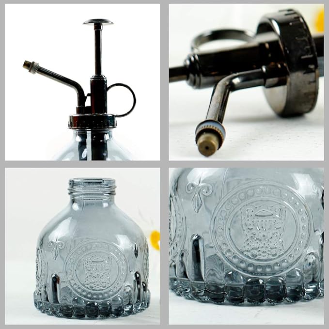 Hniuyun Glass Plant Mister Spray Bottle, 6.4 All Vintage Plant Spritzer Watering Can, Bronze Plastic Top Pump, Plant Mister Glass Watering Garden Tool (Grey)