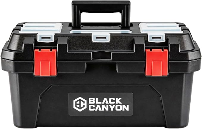 Black Canyon 17 Inch Plastic Tool Box, Support up to 44 lbs,Dual-Layer Design, Flexible for Stacking, Top-Lid Storage, Ideal for DIY, Workshop