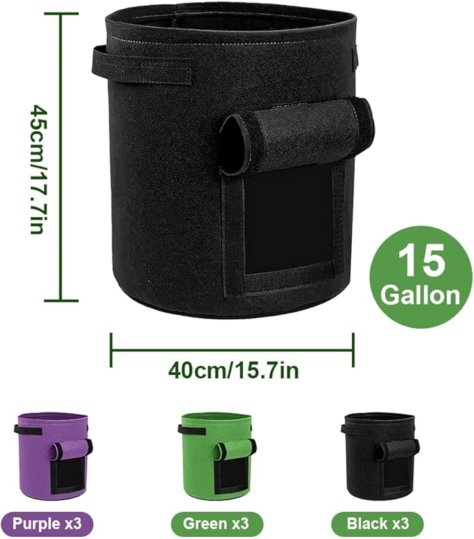 15 Gallon Potato Grow Bags, 9 Pack Grow Bags with Flap Garden Planting Bag with Handles, Thickened Nonwoven Fabric Pots for Fruit Vegetable Flowers, 3 Color