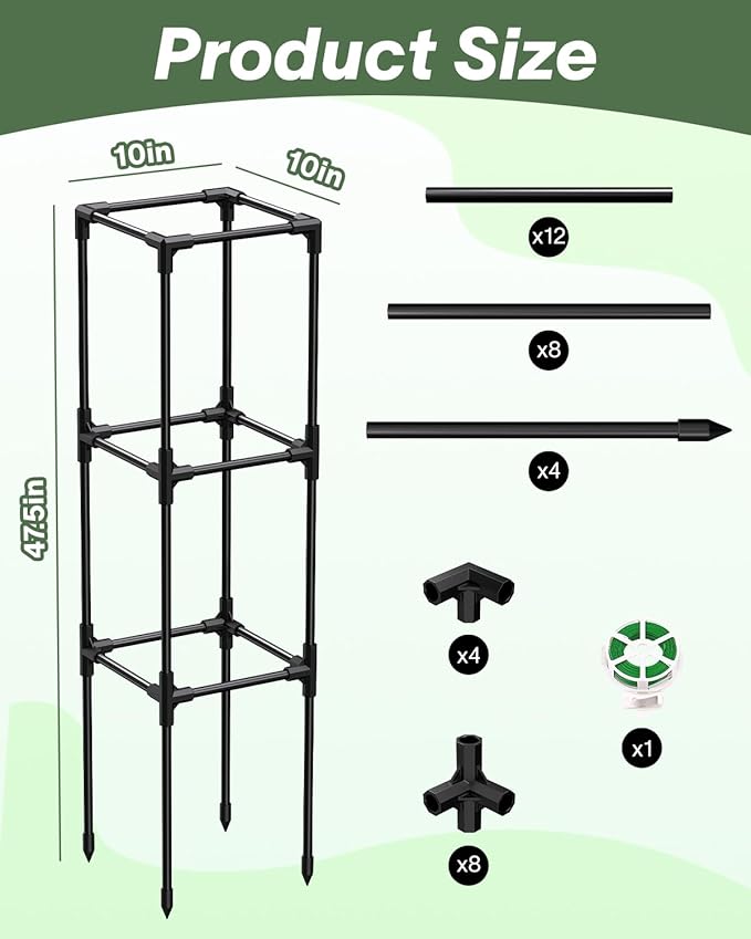 2PCS Dragon Fruit Trellis for Climbing Plants Indoor Outdoor, Heavy Duty Metal Adjustable Vertical Garden Support for Indoor Outdoor Potted Plants, Tomato, Cactus, Roses,Vines(10 * 10 * 47inch,2PC)