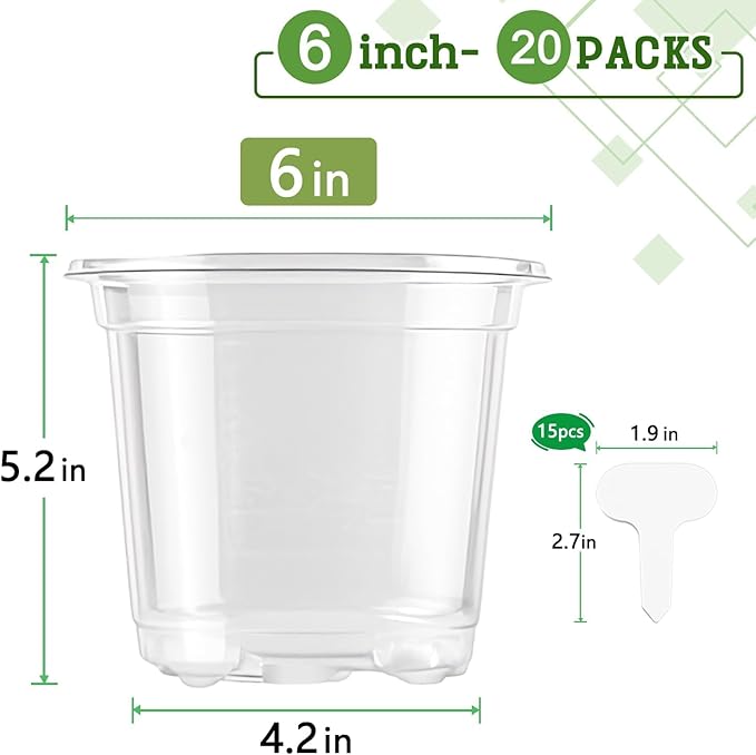 SupKing 6 Inch Clear Nursery Pots,20 Packs Large Plastic Seed Starters Durable Orchid Flower Pots with Drainage Holes for Transplanting Succulents Cuttings Seedlings Bonus 15 Labels