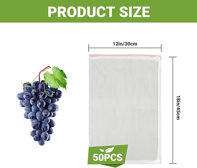 Fruit Protection Bags for Fruit Trees, 50 PCS 18x12 Inch Garden Insect Netting Bag with Drawstrings, Protect Plants, Tomato, Apple, Peach Trees from Bugs Birds