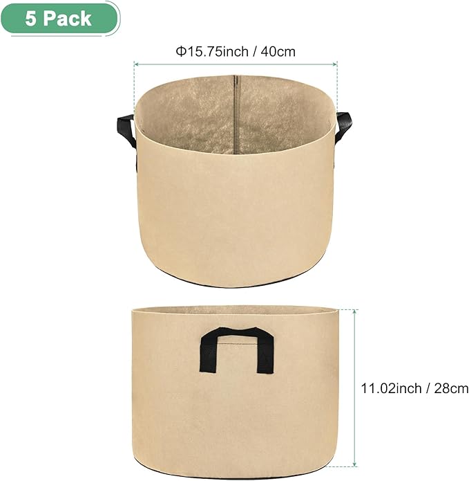 M METERXITY 5-Pack Plant Grow Bags 10 Gallon Grow Bags 300G Thickened Fabric Pots with Durable Handles Plant Garden Grow Pots for Fruits/Vegetables/Flowers/Plants [Khaki]