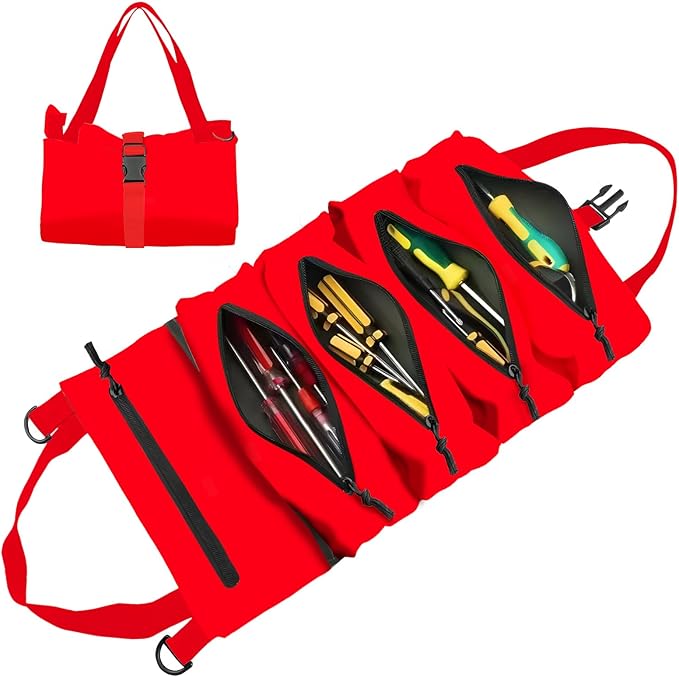 Roll-Up Tool Storage Bag, Nylon Gardening Organizer with 5 Pockets, 11x18 Inch, Portable Hanging Design for Outdoor Maintenance, School, Work (54hong)