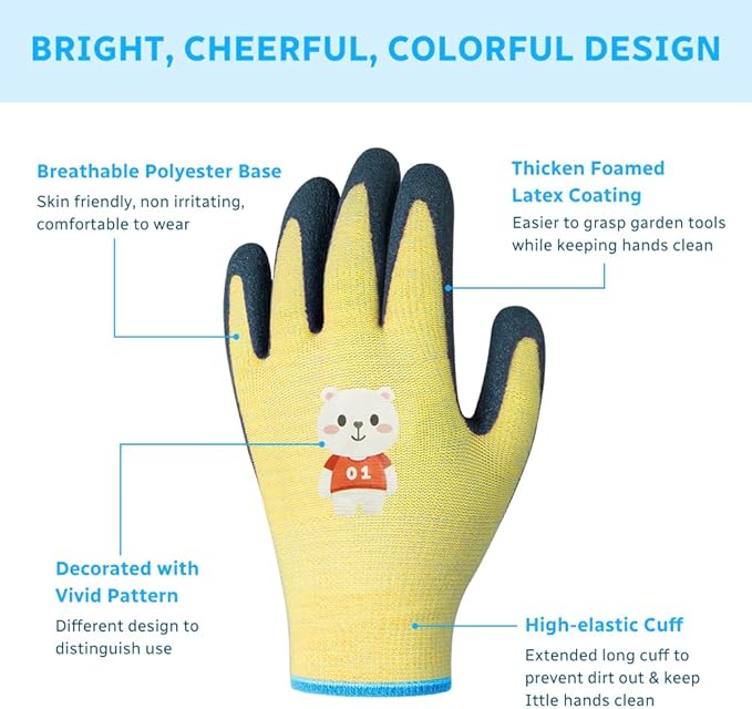 Ainiv 3 Pairs Kids Gardening Gloves Thorn Proof, Soft Rubber Coated Kids Work Gloves with Grippy Gardening Gift