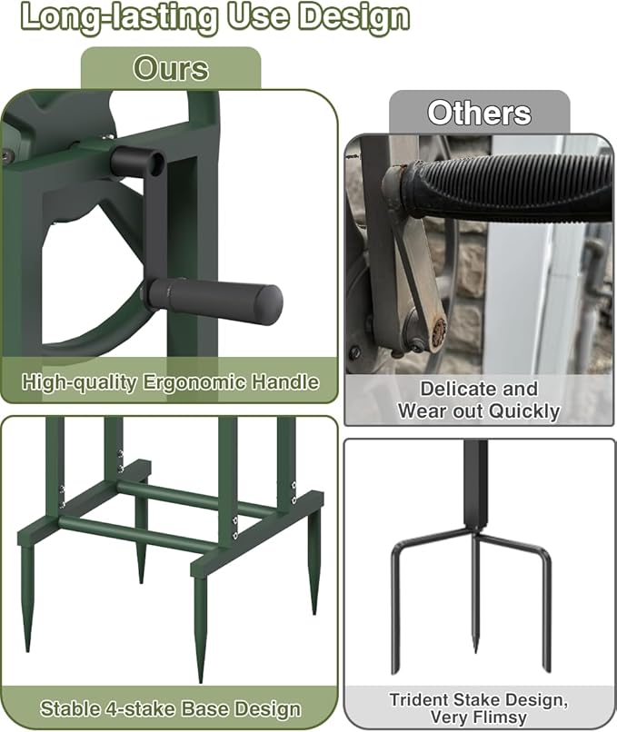 Freestanding Garden Hose Reel holds 125ft Hose of 5/8" with 4 Hooks, 4-Spike Outdoor Hose Holder with 3.9ft Leader Hose & Brass Fitting, Detachable Metal Hose Stand with Storage Rack, Green