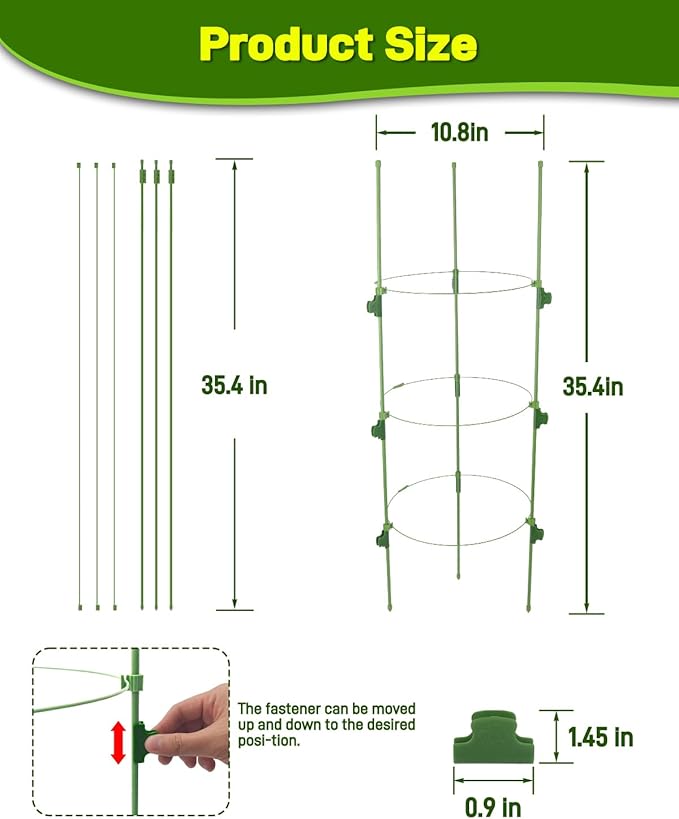 4 Pack Tomato Plant Cages, Adjustable Plant Support with Sliding Clips, 35.4 Inch Metal & Plastic Tomato Trellis for Garden Vegetables