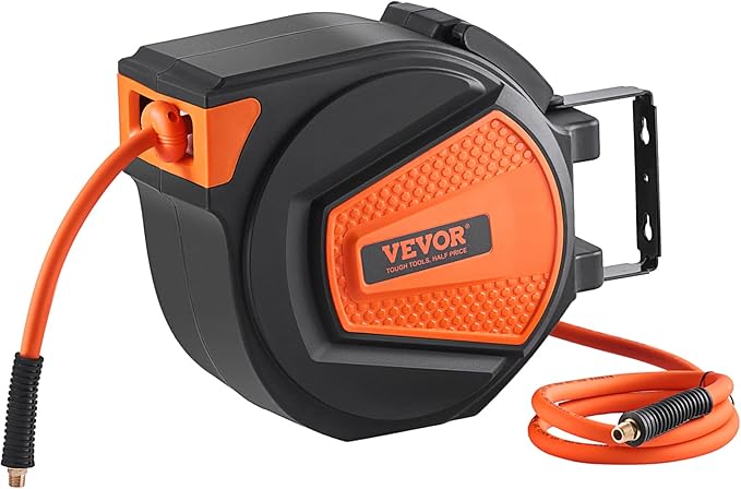 VEVOR Retractable Air Hose Reel, 3/8IN x 50FT Hybrid Air Hose Max 300PSI, Air Compressor Hose Reel with 5 ft Lead in, Ceiling/Wall Mount Enclosed Air Reel, 180° Swivel Mount