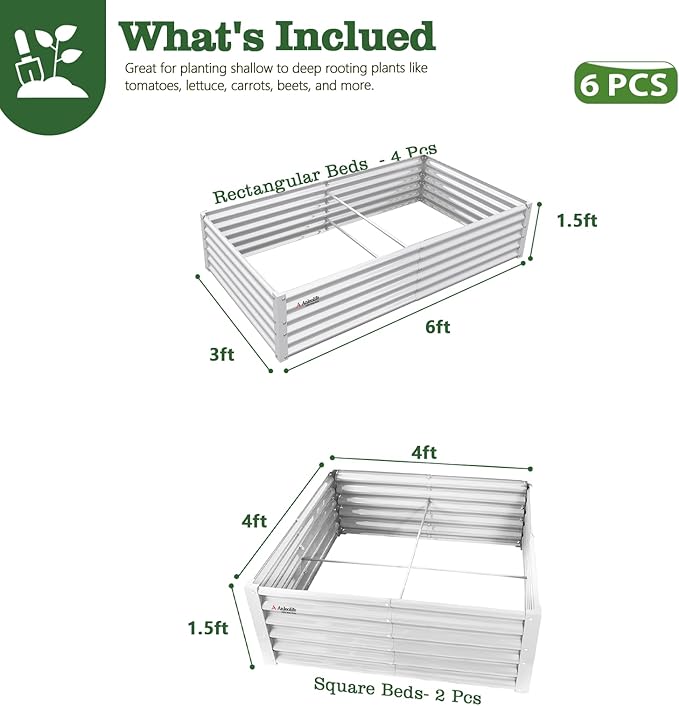 A ANLEOLIFE 6-Piece 18 Inch Tall Antique White Raised Garden Beds Kit, Rectangular & Square Planters for Organized Backyard Gardens