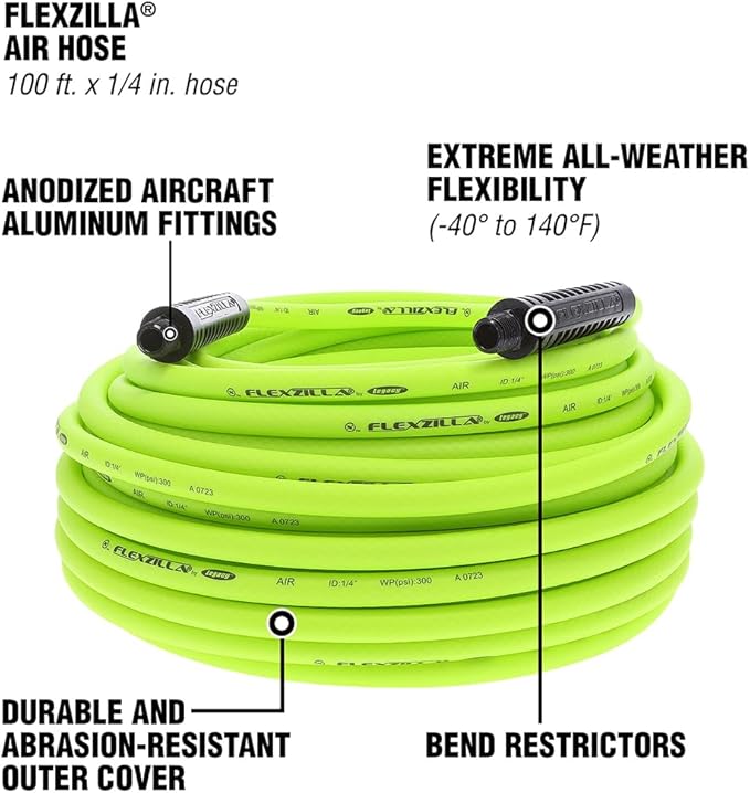 Flexzilla Air Hose, 1/4 In. x 100'., 1/4 In. MNPT Fittings, Heavy Duty, Lightweight, Hybrid, Zillagreen - HFZ14100YW2