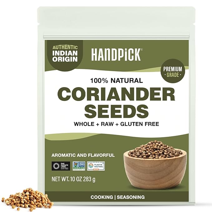 HANDPICK Whole Coriander Seed (283g/10oz) Premium Grade | Pure & Flavorful Coriander Seeds - Indian Origin | Non GMO, Gluten Free | Perfect for Cooking & Seasoning | Resealable Ziplock Pouch