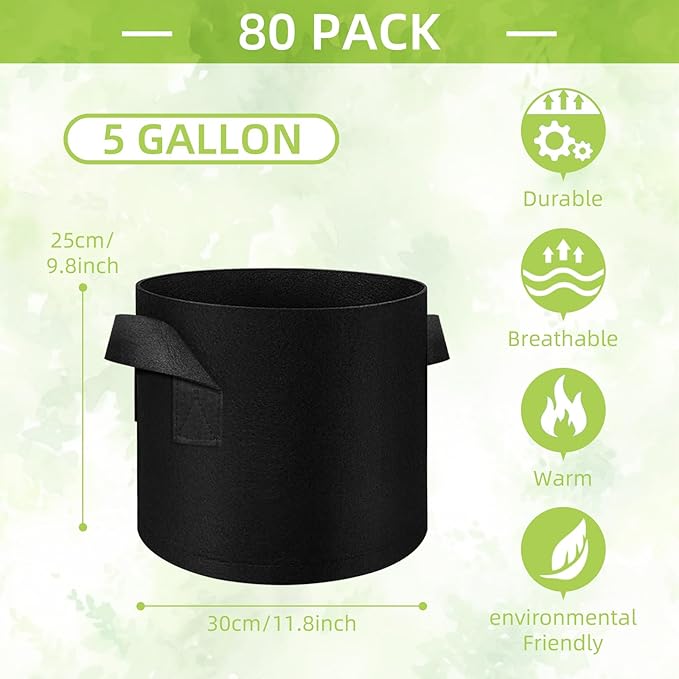 80 Pack 5 Gallons Plant Grow Bag, Vegetable Grow Bags with Handles, Non-Woven Fabric Pots Plant Bags, Garden Planting Bag for Potatoes, Carrots, Tomatoes, Fruits, Flower, Evergreen